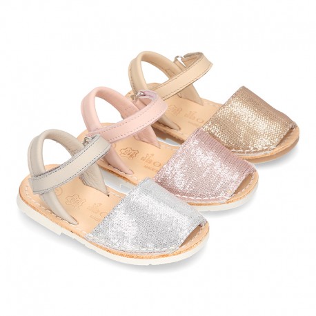 EXTRA SOFT leather Menorquina sandals with velcro strap and sequins design.