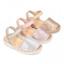 EXTRA SOFT leather Menorquina sandals with velcro strap and sequins design.