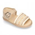 Little SANDAL shoes espadrille style in metal linen canvas with shiny design.