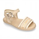 Little SANDAL shoes espadrille style in metal linen canvas with shiny design.