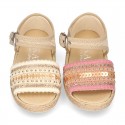 Little SANDAL shoes espadrille style in metal linen canvas with shiny design.