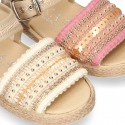 Little SANDAL shoes espadrille style in metal linen canvas with shiny design.
