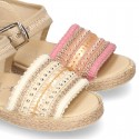 Little SANDAL shoes espadrille style in metal linen canvas with shiny design.