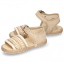 Little SANDAL shoes espadrille style in metal linen canvas with shiny design.