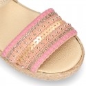 Little SANDAL shoes espadrille style in metal linen canvas with shiny design.