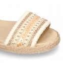 Little SANDAL shoes espadrille style in metal linen canvas with shiny design.