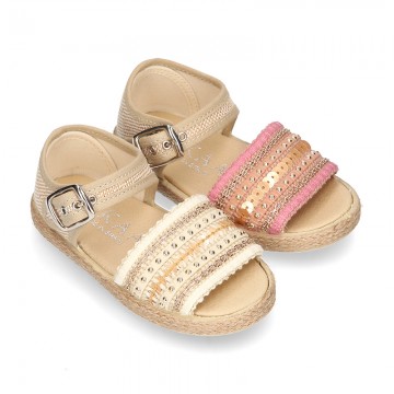 Little SANDAL shoes espadrille style in metal linen canvas with shiny design.