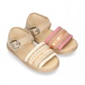 Little SANDAL shoes espadrille style in metal linen canvas with shiny design.