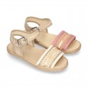 Little SANDAL shoes espadrille style in metal linen canvas with shiny design.