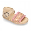 Little SANDAL shoes espadrille style in metal linen canvas with shiny design.