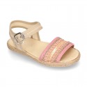 Little SANDAL shoes espadrille style in metal linen canvas with shiny design.