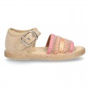 Little SANDAL shoes espadrille style in metal linen canvas with shiny design.