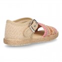 Little SANDAL shoes espadrille style in metal linen canvas with shiny design.