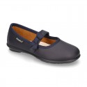 School shoes Mary Jane style with velcro strap with bow in washable leather for girls.