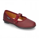 School shoes Mary Jane style with velcro strap with bow in washable leather for girls.