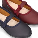 School shoes Mary Jane style with velcro strap with bow in washable leather for girls.