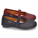 School shoes Mary Jane style with velcro strap with bow in washable leather for girls.