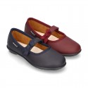 School shoes Mary Jane style with velcro strap with bow in washable leather for girls.