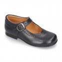 New School Classic Nappa leather little Mary Janes with chopped and scallop design.