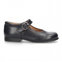 New School Classic Nappa leather little Mary Janes with chopped and scallop design.