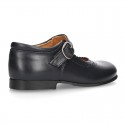 New School Classic Nappa leather little Mary Janes with chopped and scallop design.