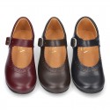 New School Classic Nappa leather little Mary Janes with chopped and scallop design.