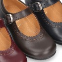 New School Classic Nappa leather little Mary Janes with chopped and scallop design.