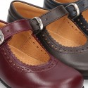 New School Classic Nappa leather little Mary Janes with chopped and scallop design.