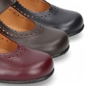 New School Classic Nappa leather little Mary Janes with chopped and scallop design.