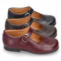 New School Classic Nappa leather little Mary Janes with chopped and scallop design.