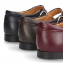 New School Classic Nappa leather little Mary Janes with chopped and scallop design.