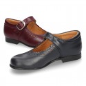 New School Classic Nappa leather little Mary Janes with chopped and scallop design.