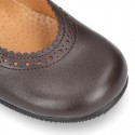 New School Classic Nappa leather little Mary Janes with chopped and scallop design.