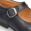 New School Classic Nappa leather little Mary Janes with chopped and scallop design.