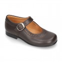 New School Classic Nappa leather little Mary Janes with chopped and scallop design.