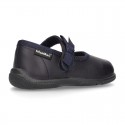 School shoes Mary Jane style with velcro strap with bow in washable leather for little girls.