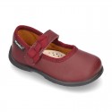 School shoes Mary Jane style with velcro strap with bow in washable leather for little girls.