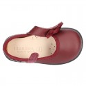 School shoes Mary Jane style with velcro strap with bow in washable leather for little girls.