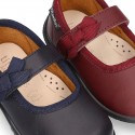 School shoes Mary Jane style with velcro strap with bow in washable leather for little girls.