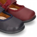 School shoes Mary Jane style with velcro strap with bow in washable leather for little girls.