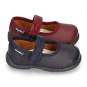 School shoes Mary Jane style with velcro strap with bow in washable leather for little girls.