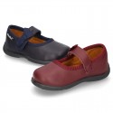 School shoes Mary Jane style with velcro strap with bow in washable leather for little girls.