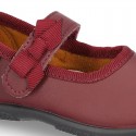 School shoes Mary Jane style with velcro strap with bow in washable leather for little girls.