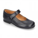 New School Classic Nappa leather little Mary Jane shoes with chopped design and velcro strap.