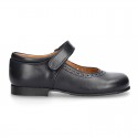 New School Classic Nappa leather little Mary Jane shoes with chopped design and velcro strap.