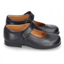 New School Classic Nappa leather little Mary Jane shoes with chopped design and velcro strap.