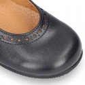 New School Classic Nappa leather little Mary Jane shoes with chopped design and velcro strap.