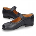 New School Classic Nappa leather little Mary Jane shoes with chopped design and velcro strap.