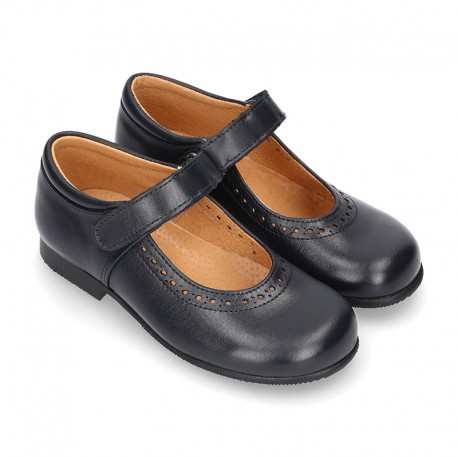 New School Classic Nappa leather little Mary Jane shoes with chopped design and velcro strap.