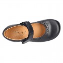 New School Classic Nappa leather little Mary Jane shoes with chopped design and velcro strap.